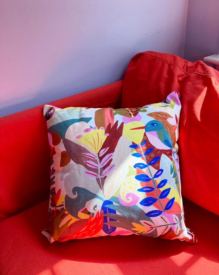 tropical birds and plants illustrated pillow