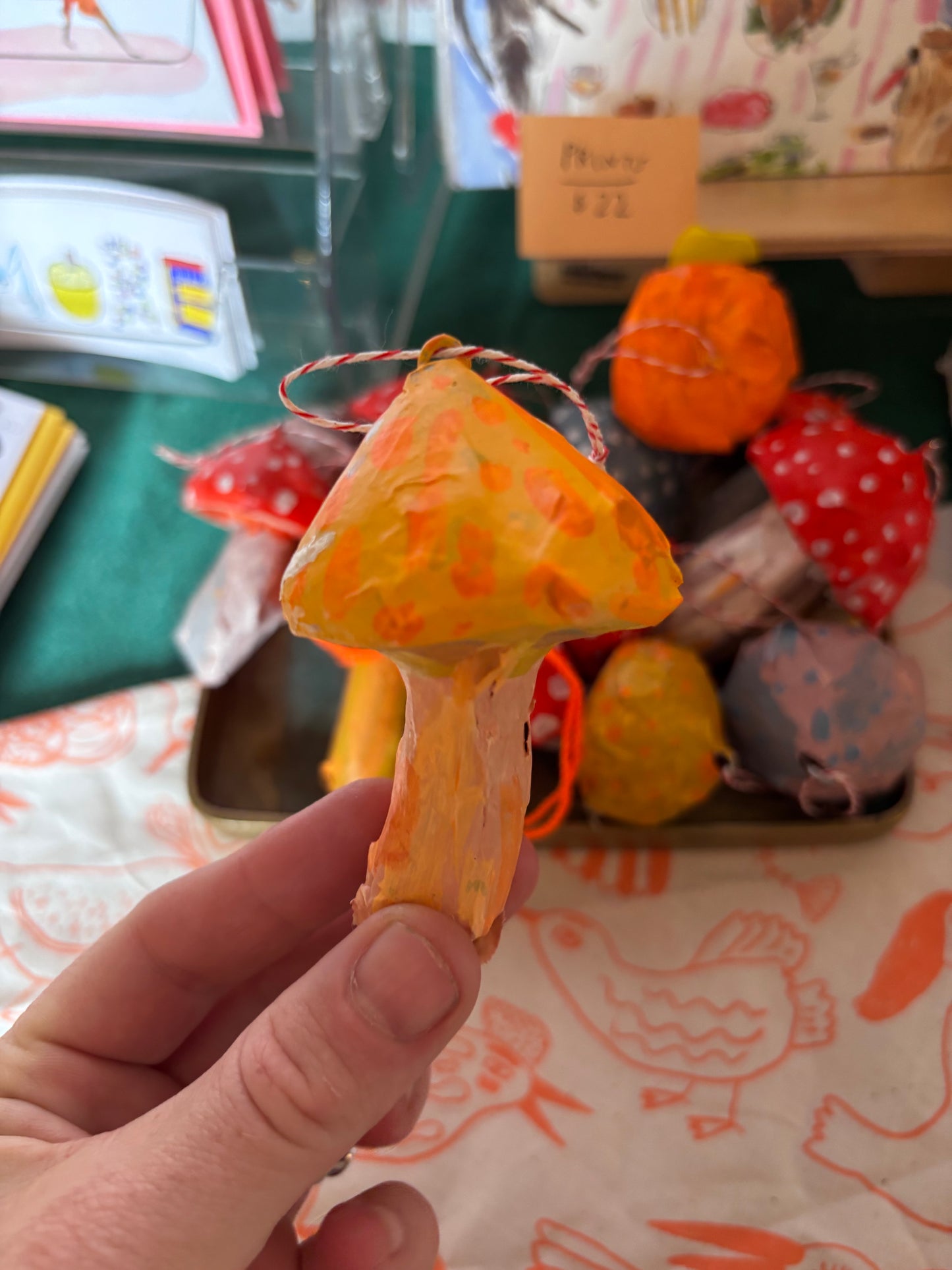 Mushrooms, paper mache ornaments