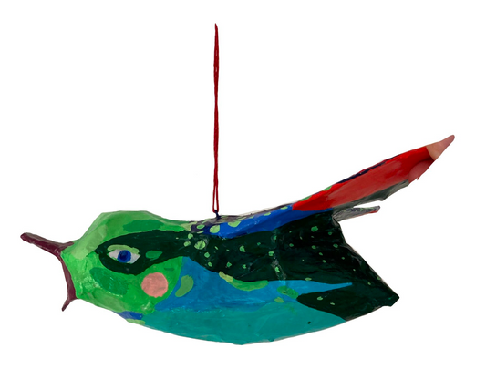 Flying colorful bird, paper mache