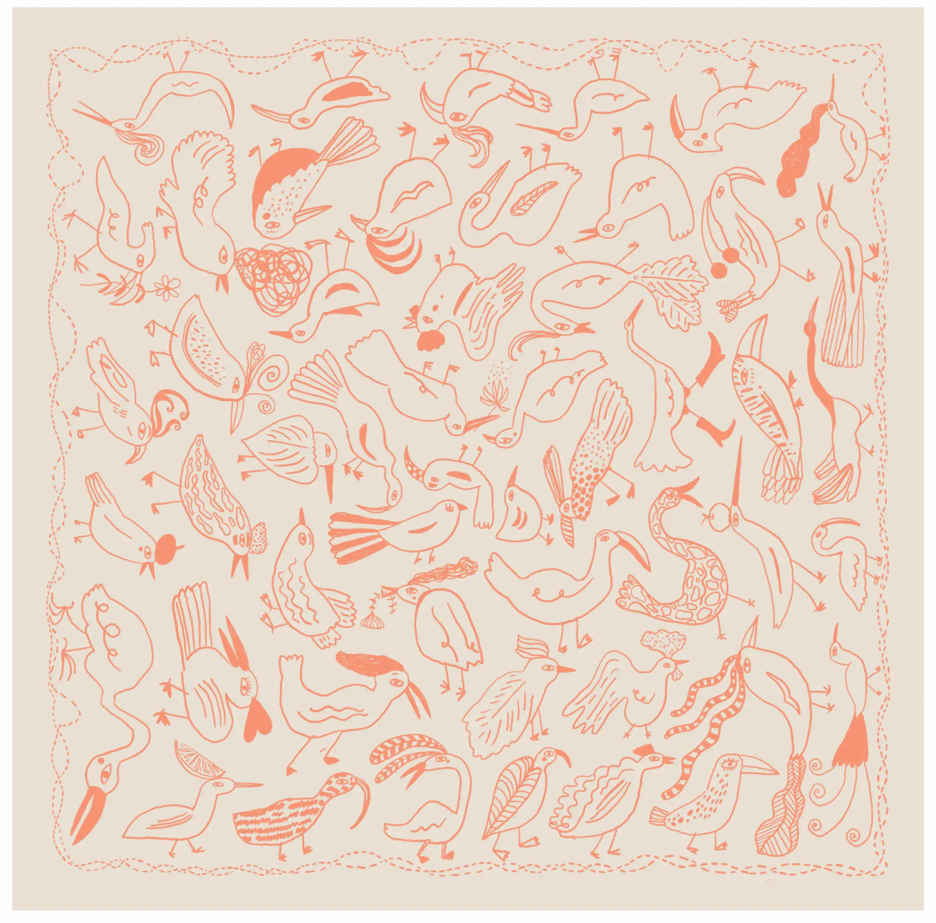 Bird Bandana in coral, screen printed cotton scarf