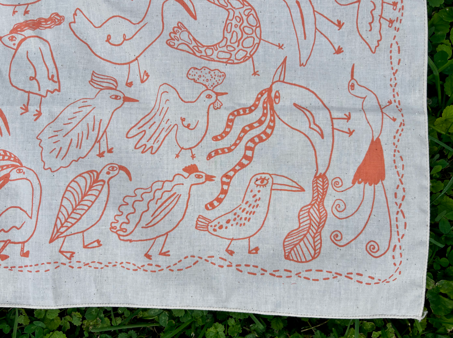 Bird Bandana in coral, screen printed cotton scarf