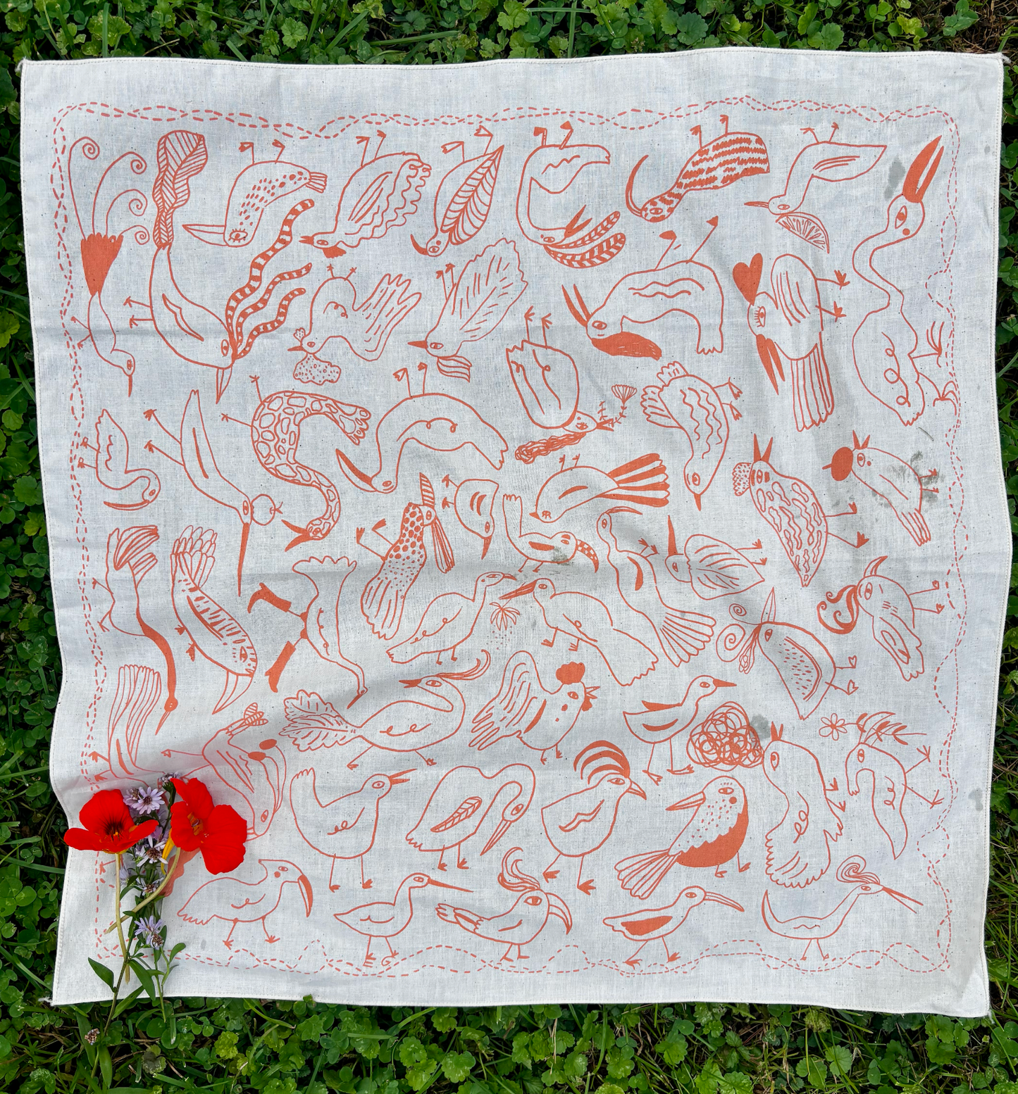 Bird Bandana in coral, screen printed cotton scarf