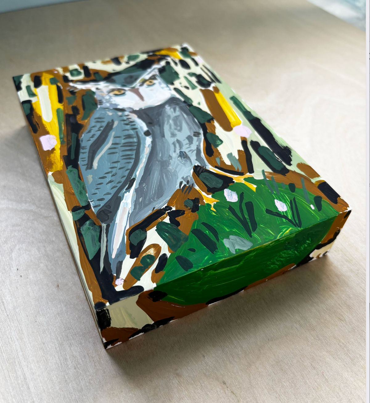 Owl painting on wood block, 3