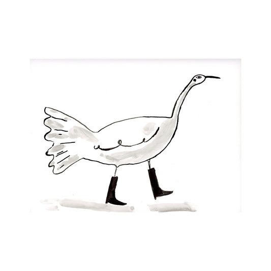 Ink black and white bird with boots, painting on paper