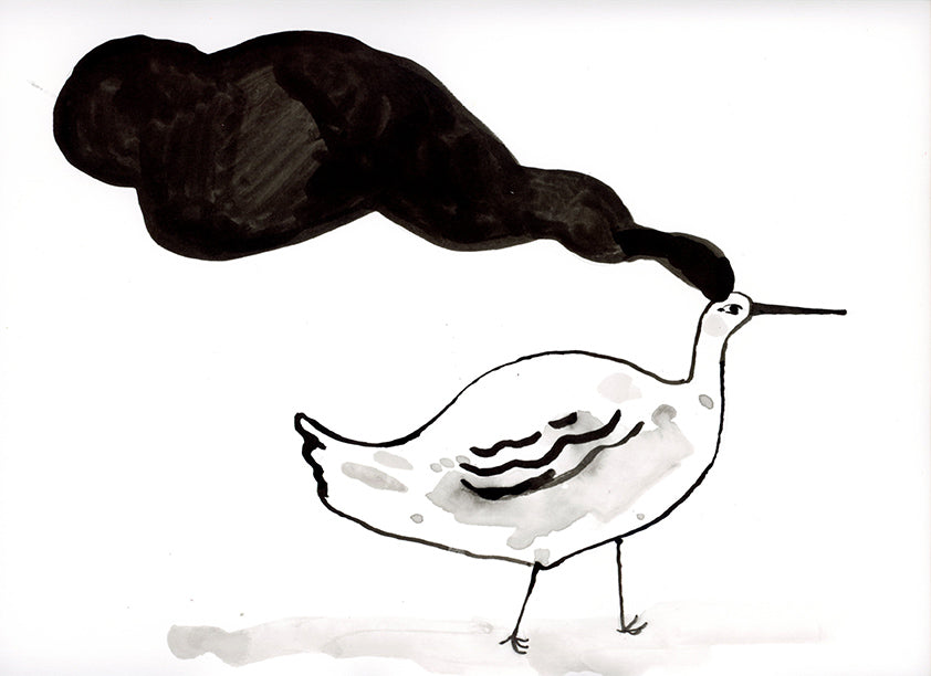 Ink black and white bird with hair, painting on paper