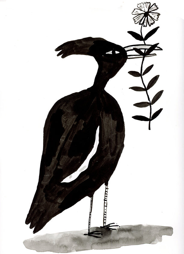 Ink black and white bird with flower, painting on paper