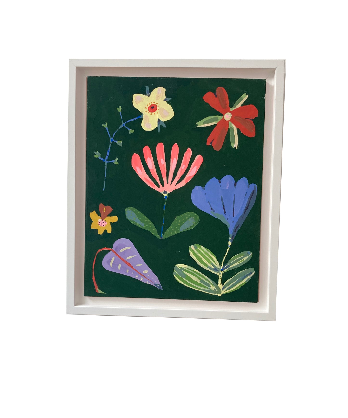 Colorful flowers, framed painting on board.