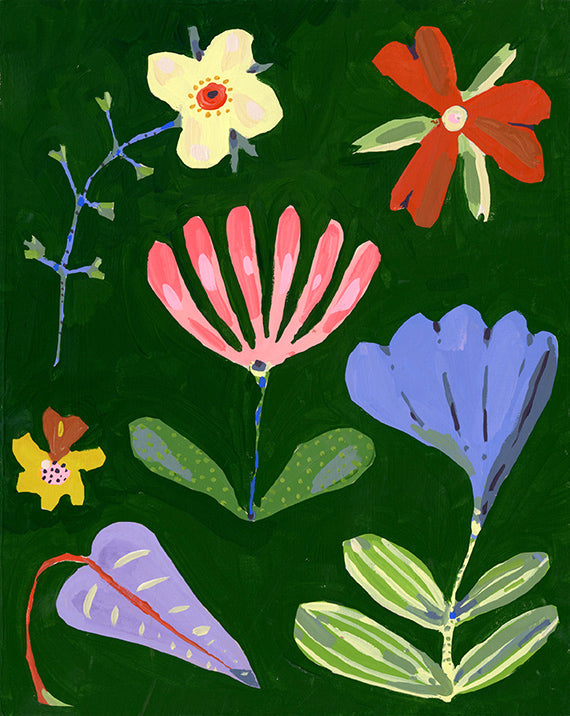 Colorful flowers, framed painting on board.