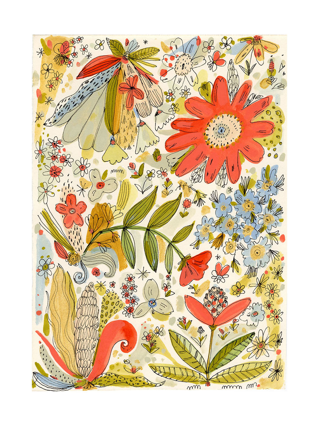 Red, blue, yellow flowers, painting on paper.