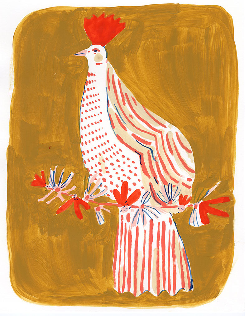 Large bird in ochre and red, painting on paper