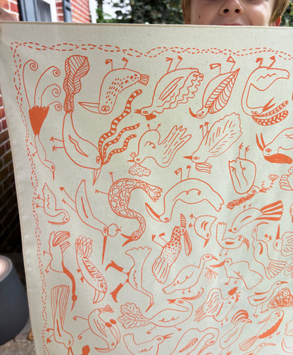Bird Bandana in coral, screen printed cotton scarf