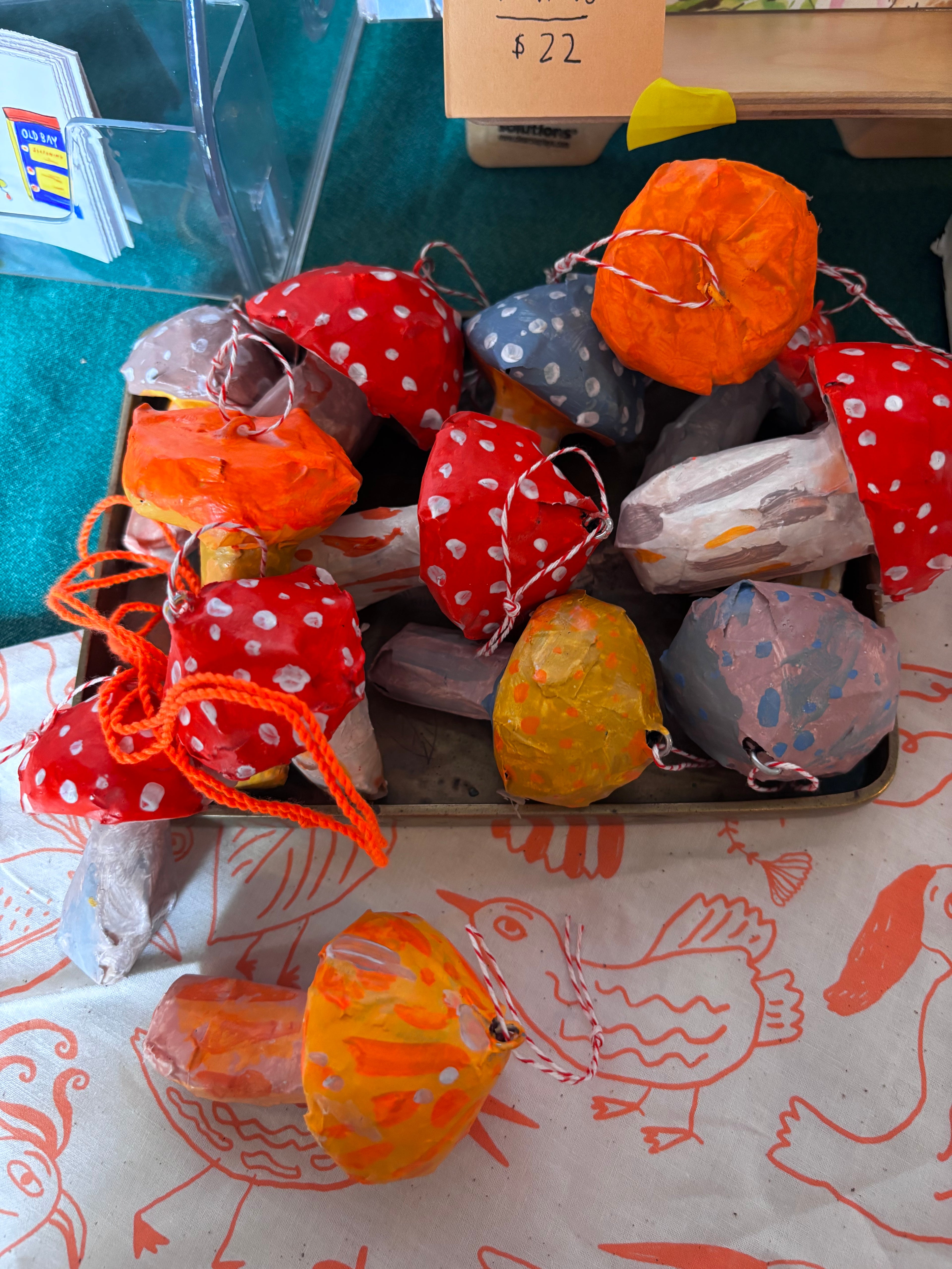 Mushrooms, paper mache ornaments