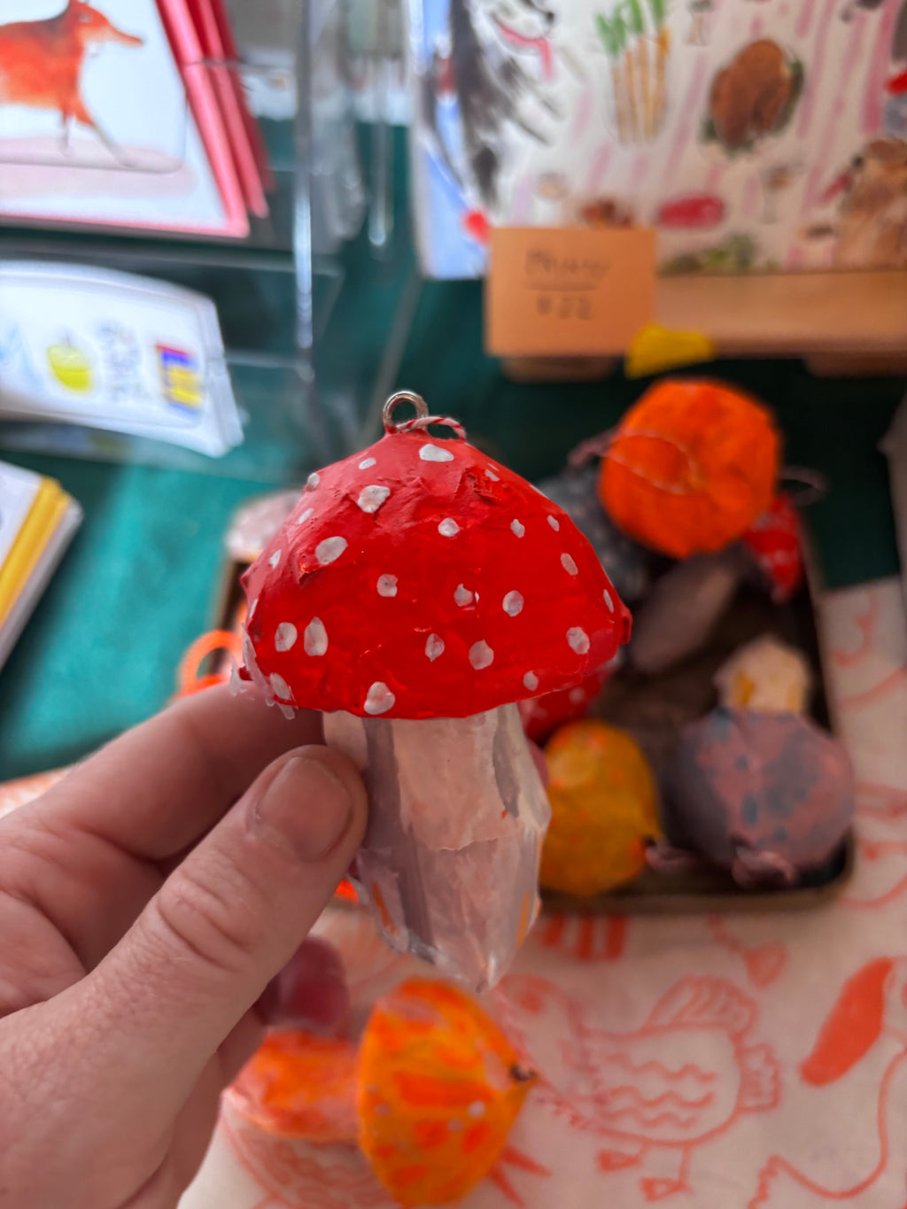 Mushrooms, paper mache ornaments
