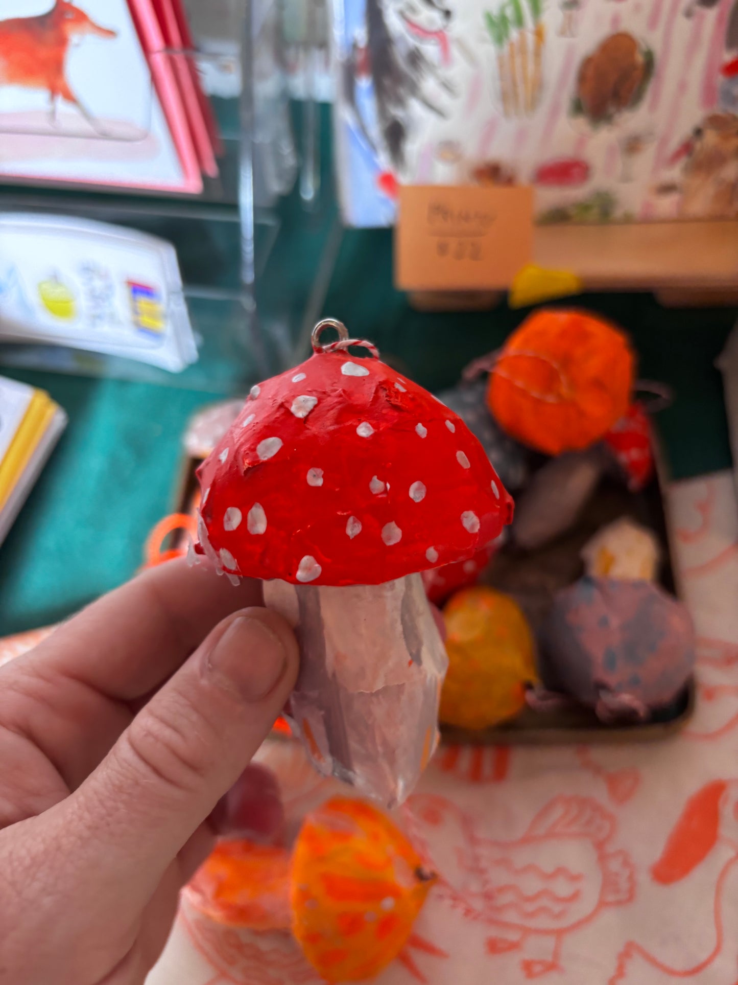 Mushrooms, paper mache ornaments