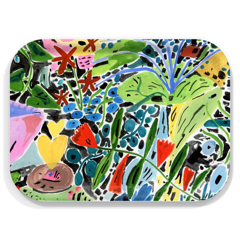 Floral illustrated wooden tray