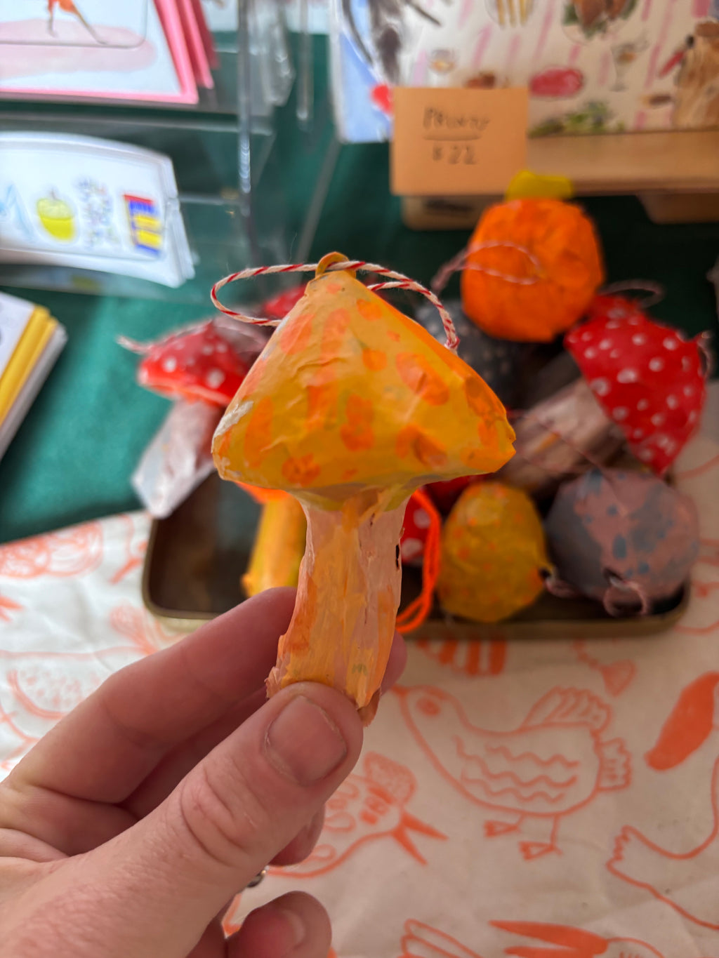 Mushrooms, paper mache ornaments