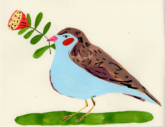 Red-cheeked Cordonbleu Bird with flower, painting on paper