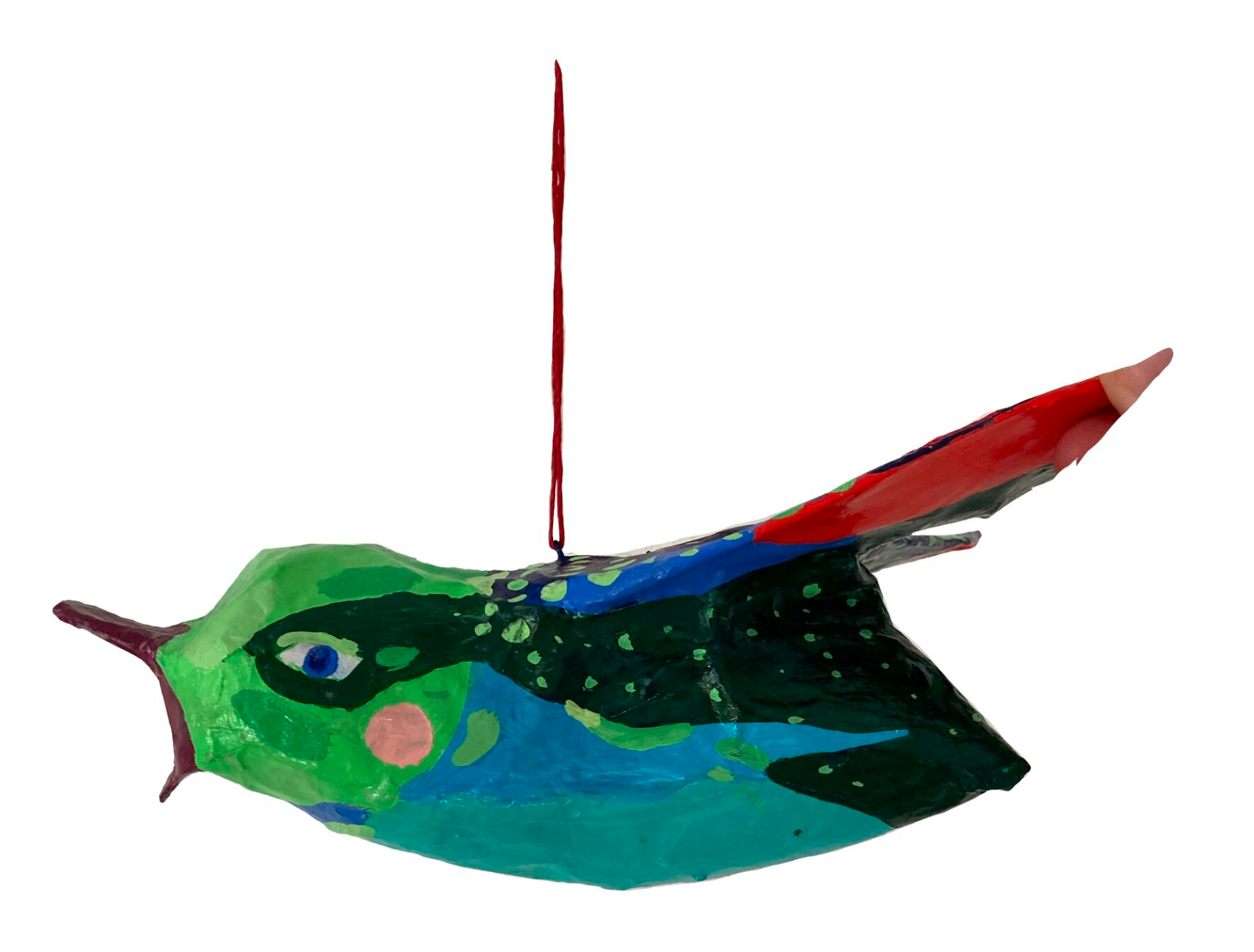 Flying colorful bird, paper mache