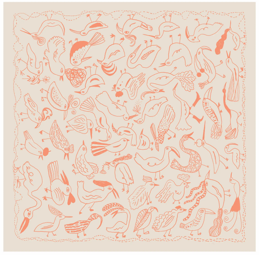 Bird Bandana in coral, screen printed cotton scarf