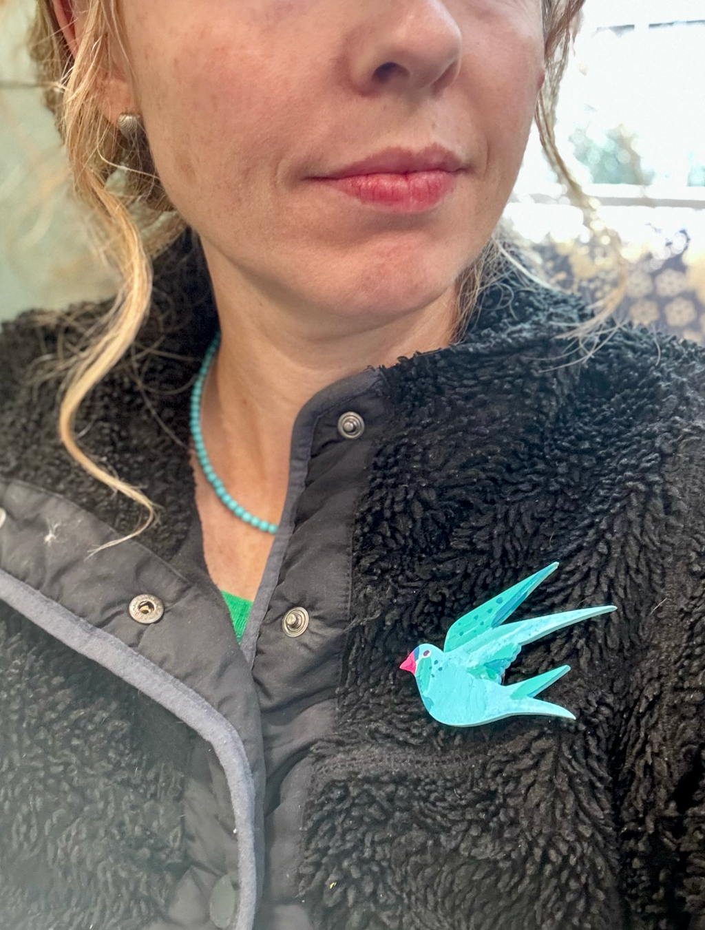 Teal bird pin, hand painted