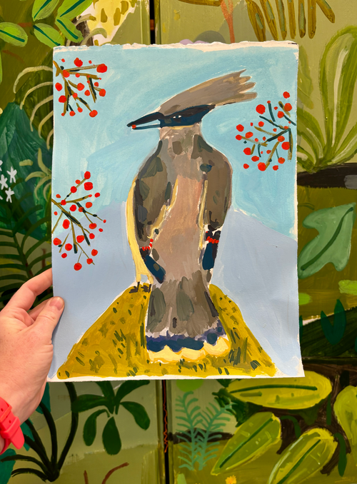 Cedar Waxwing bird, painting on paper