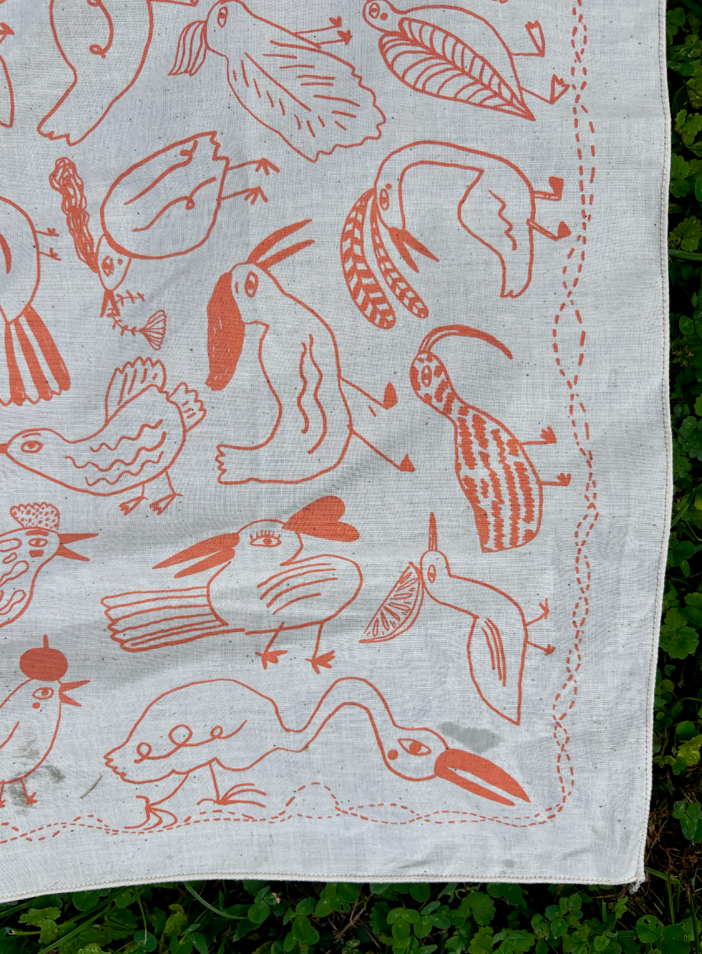 Bird Bandana in coral, screen printed cotton scarf
