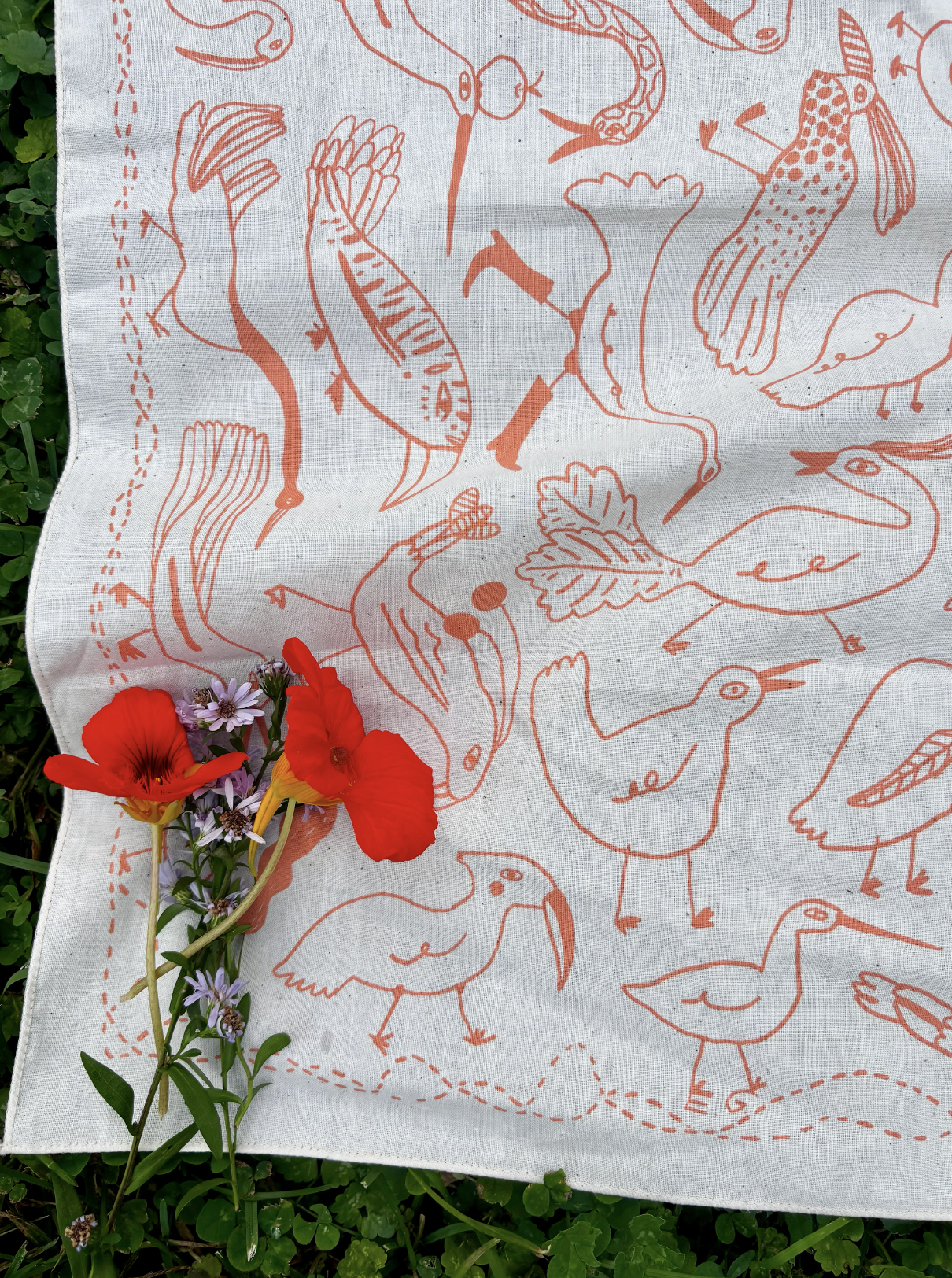Bird Bandana in coral, screen printed cotton scarf