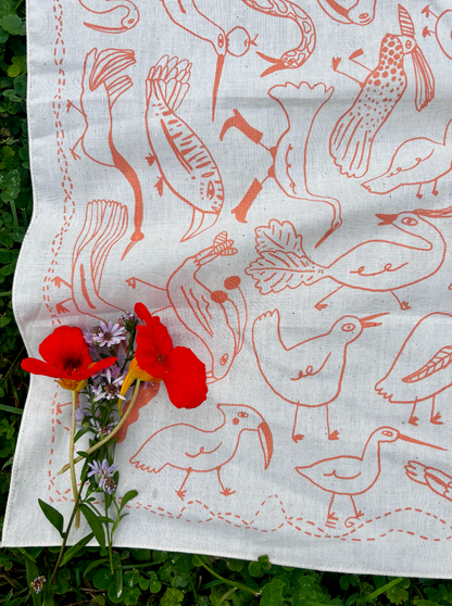 Bird Bandana in coral, screen printed cotton scarf