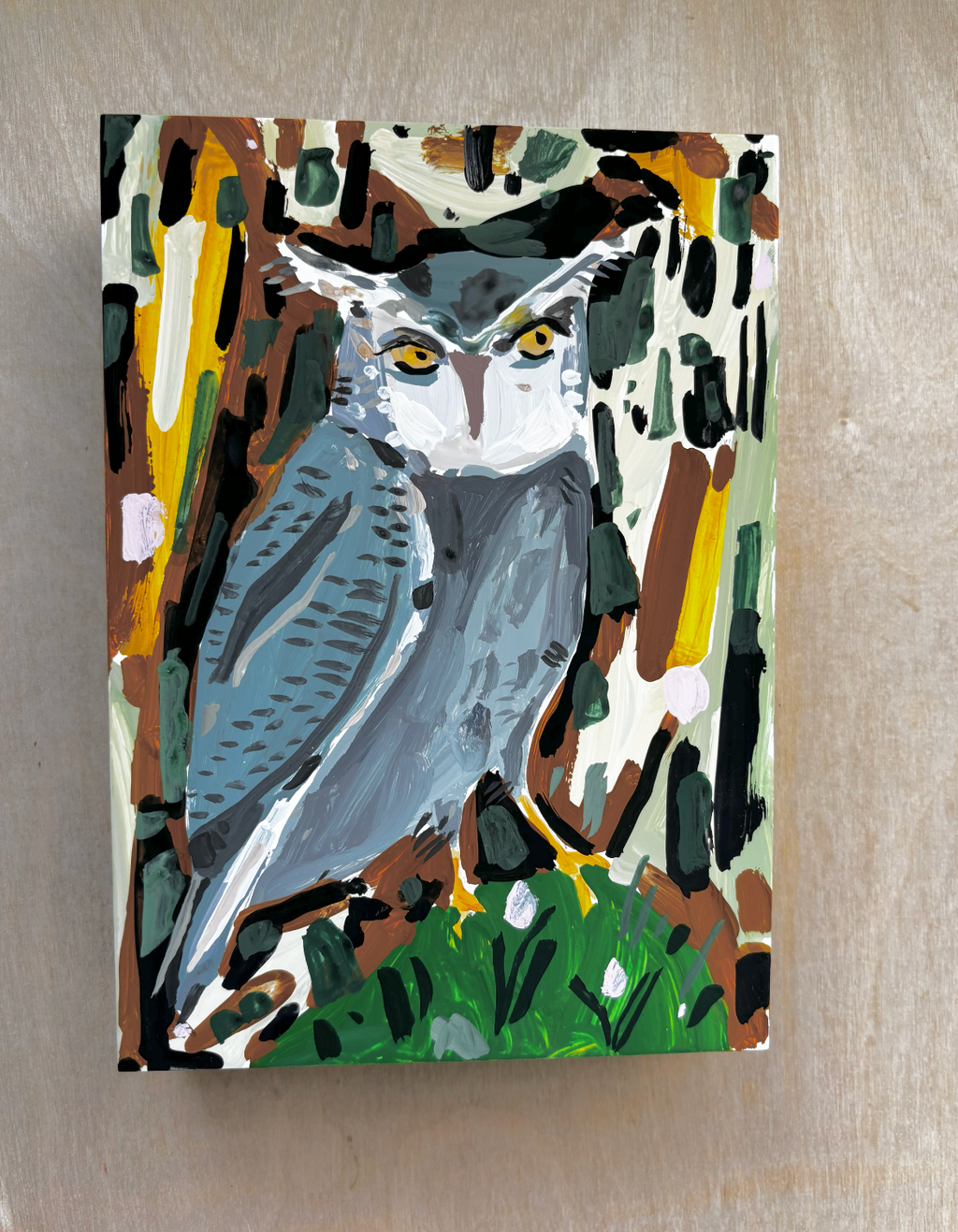Owl painting on wood block, 3
