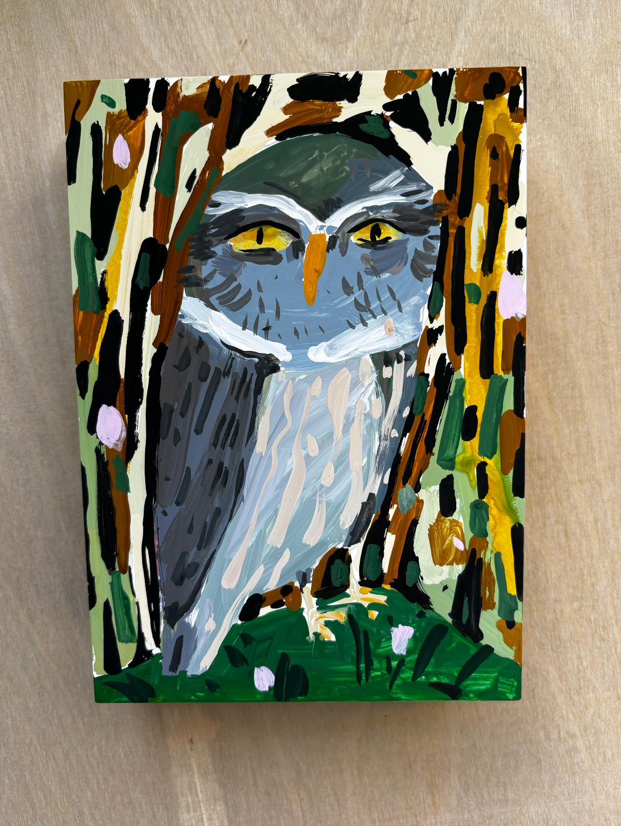 Owl painting on wood block, 1