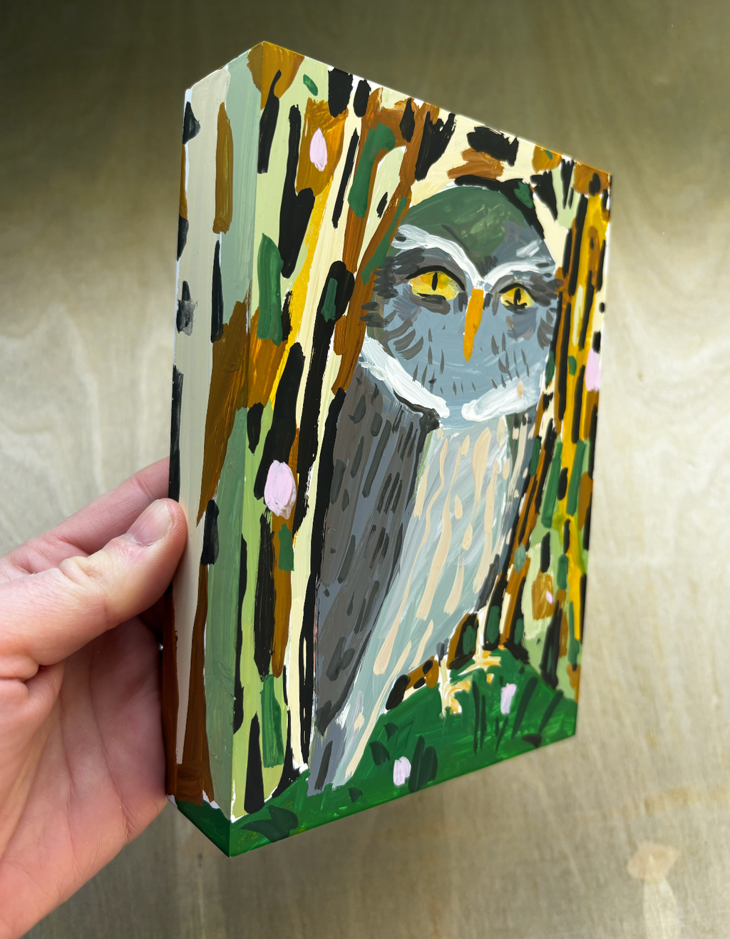 Owl painting on wood block, 1