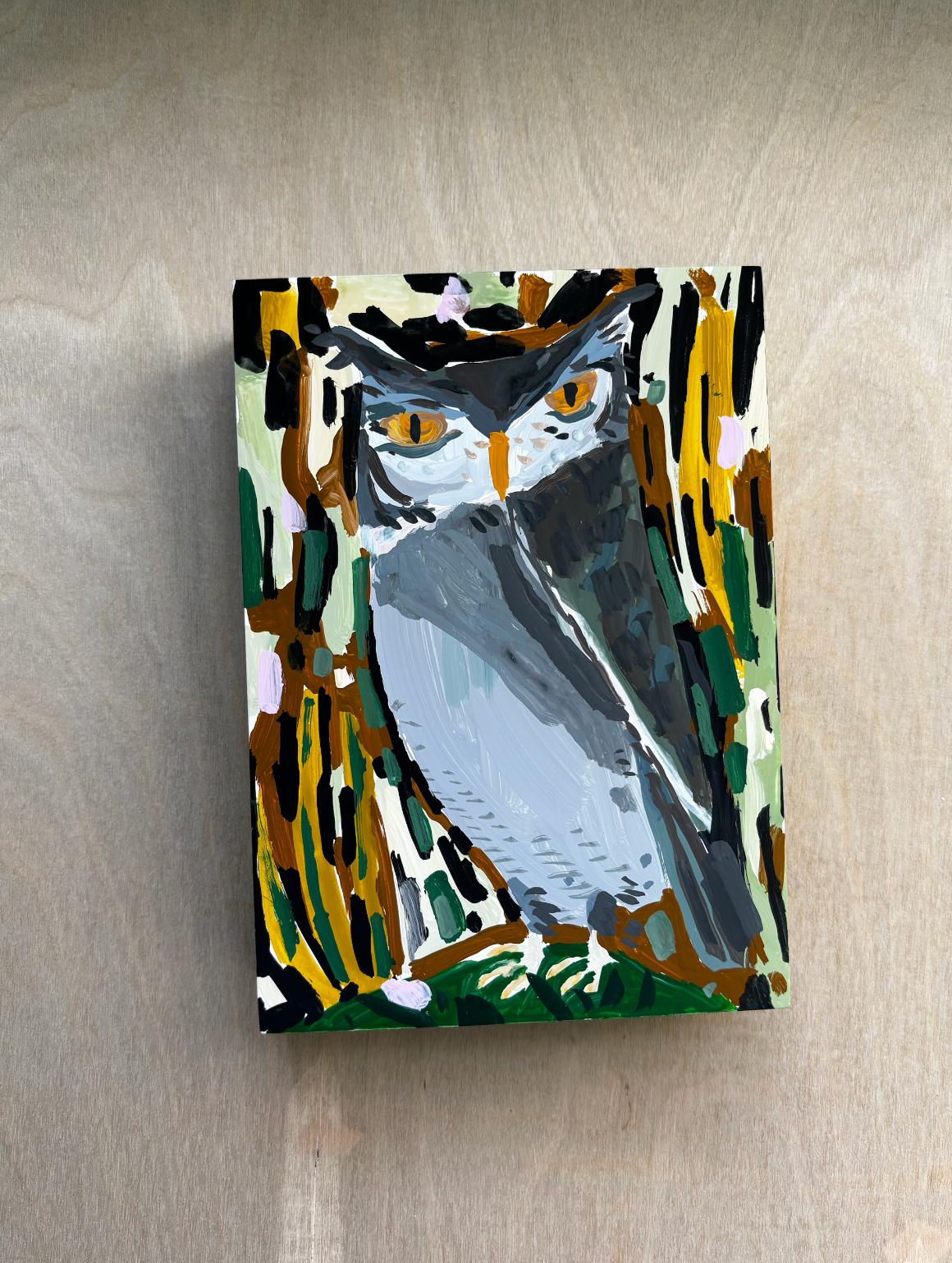 Owl painting on wood block, 2