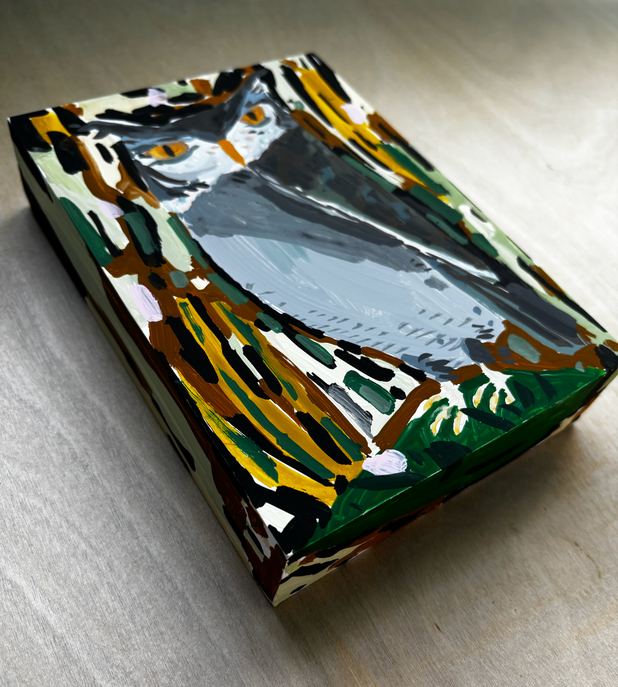 Owl painting on wood block, 2