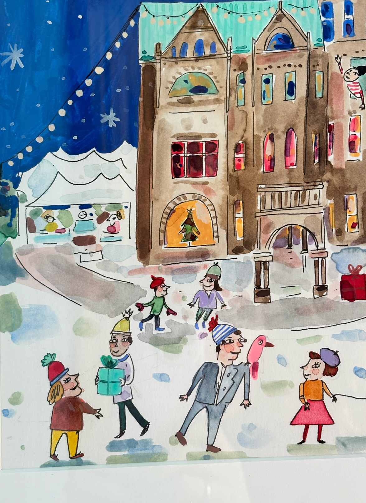 Christmas Market, framed painting on paper