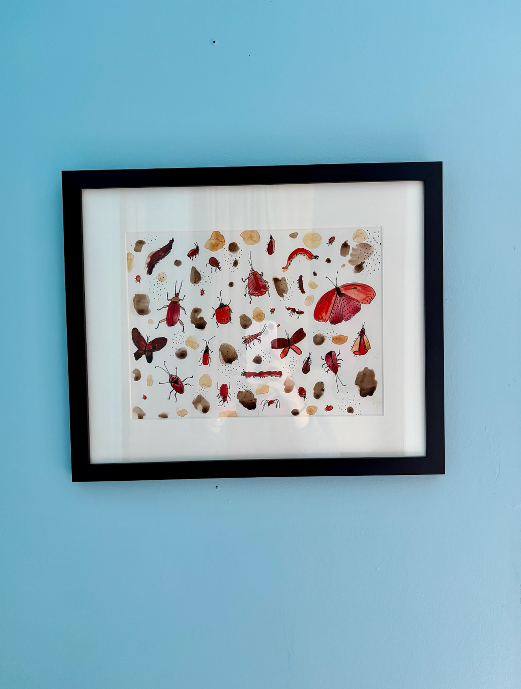 Red Bugs, framed painting on paper