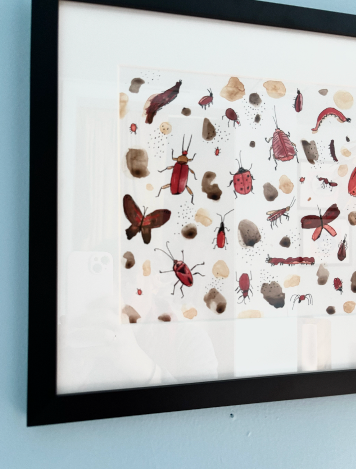 Red Bugs, framed painting on paper