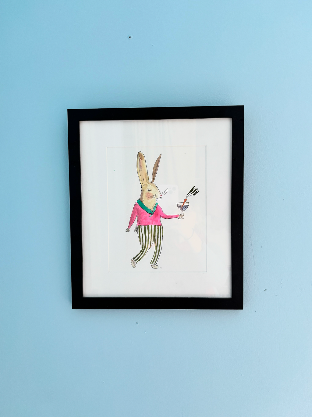 Bunny with a carrot cocktail, framed drawing