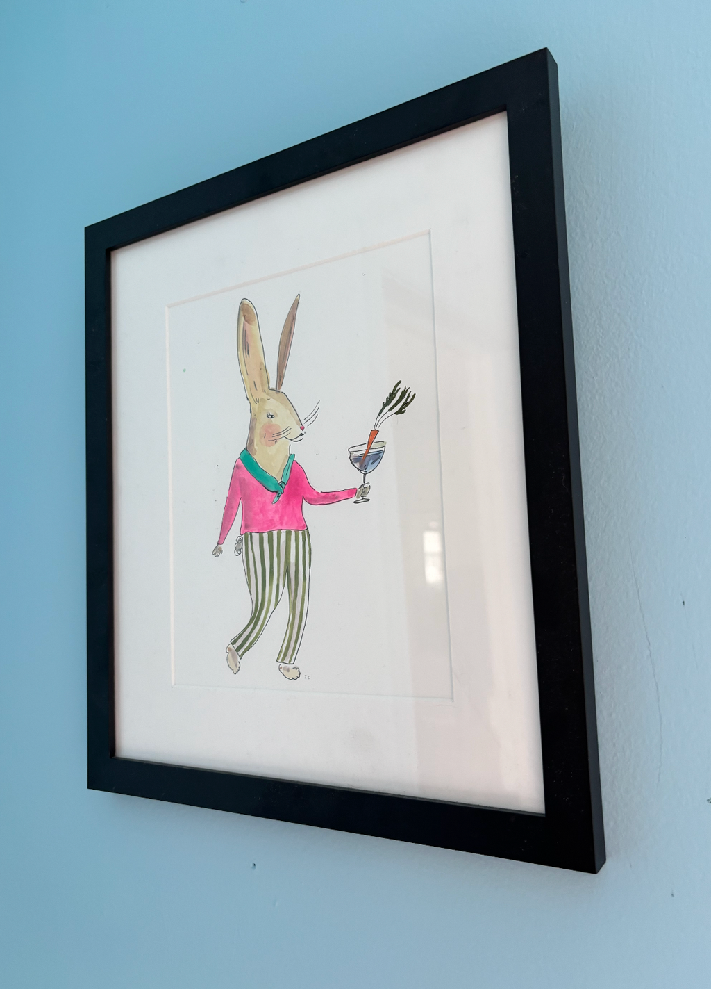 Bunny with a carrot cocktail, framed drawing