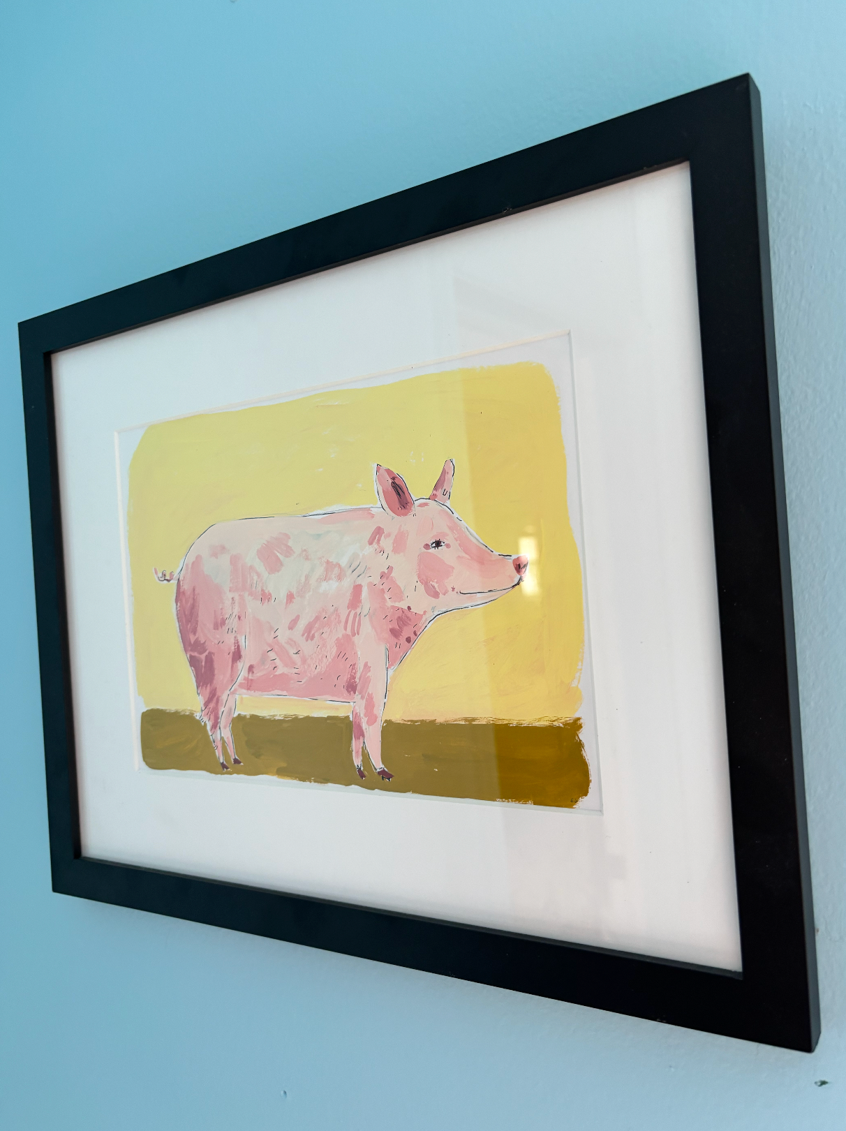 Pig, framed painting on paper