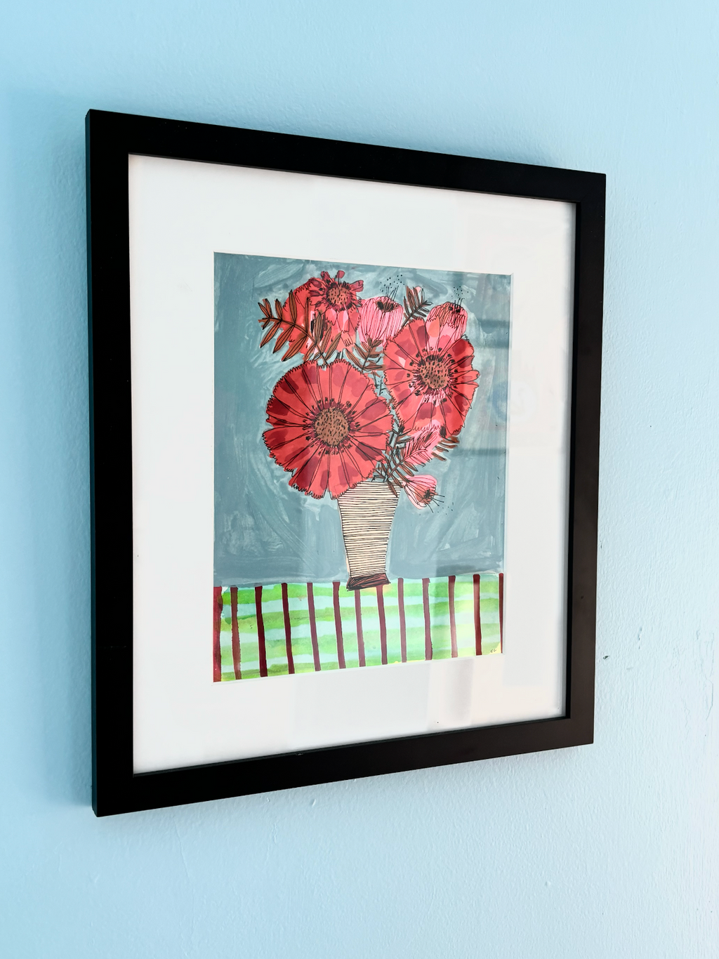Red Flowers, framed painting on paper