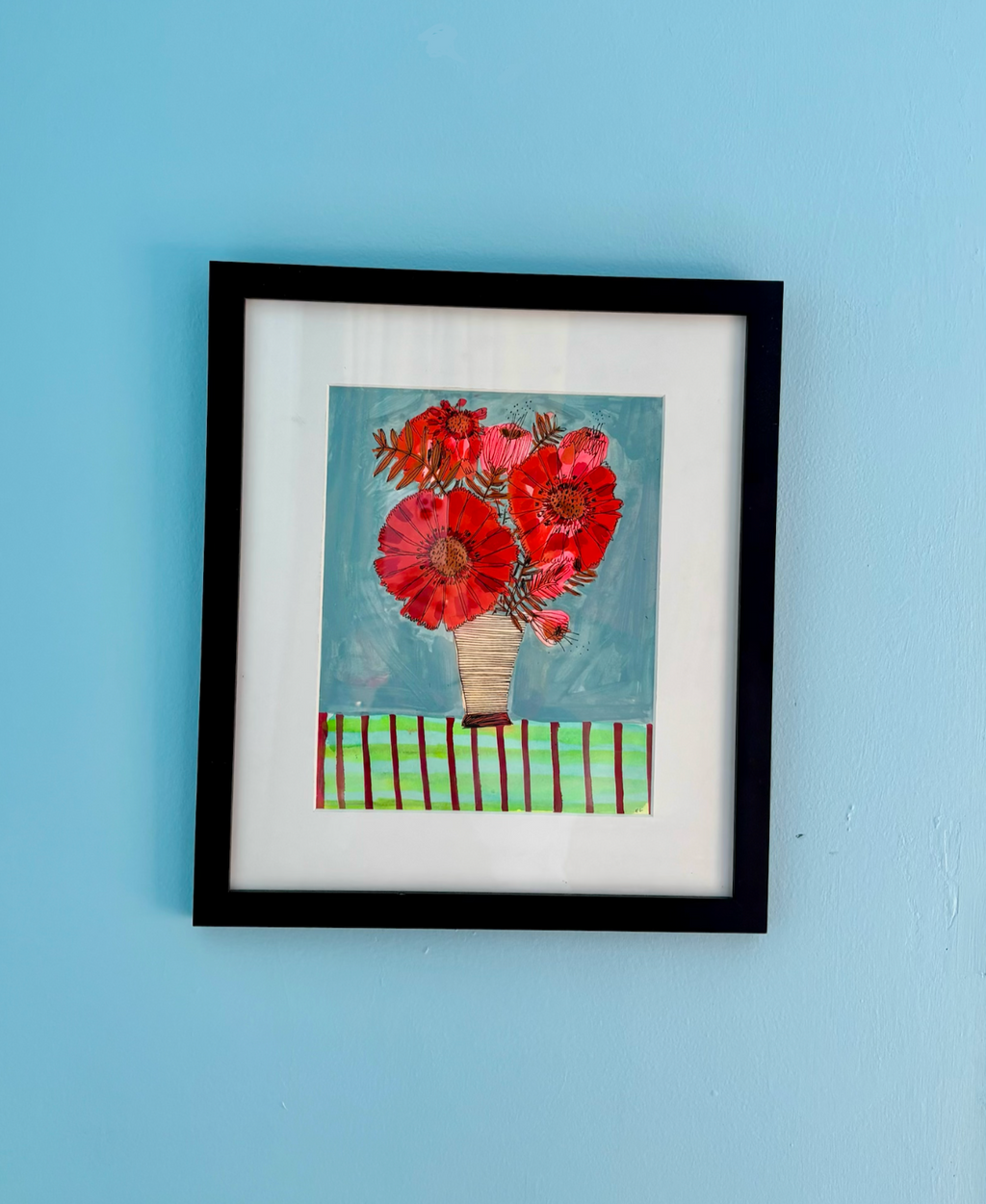 Red Flowers, framed painting on paper