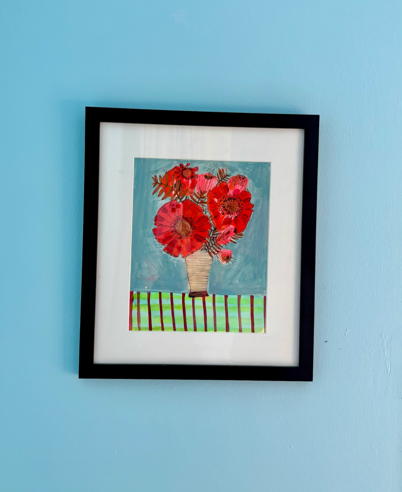 Red Flowers, framed painting on paper