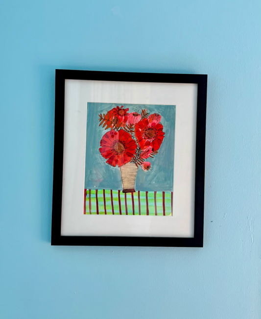 Red Flowers, framed painting on paper