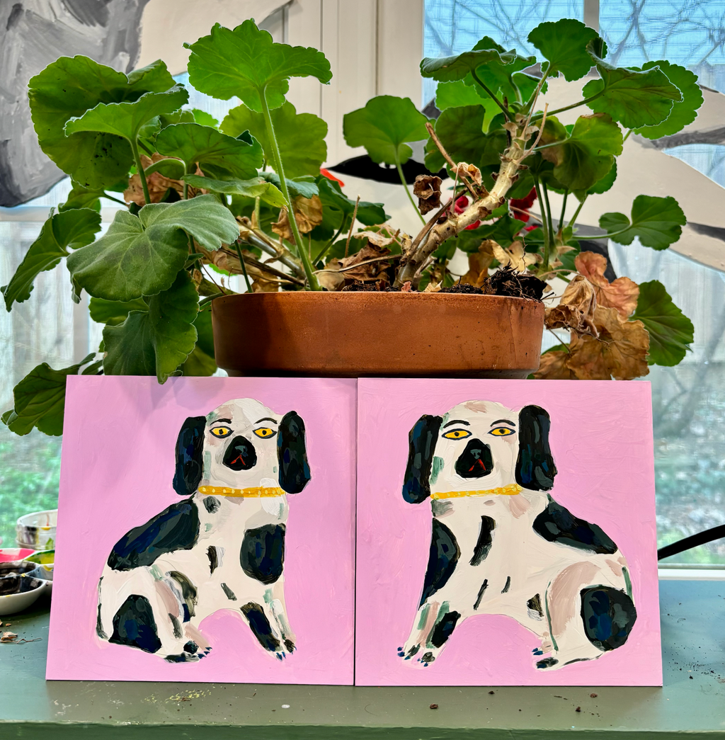 Staffordshire dog statues, navy and lilac