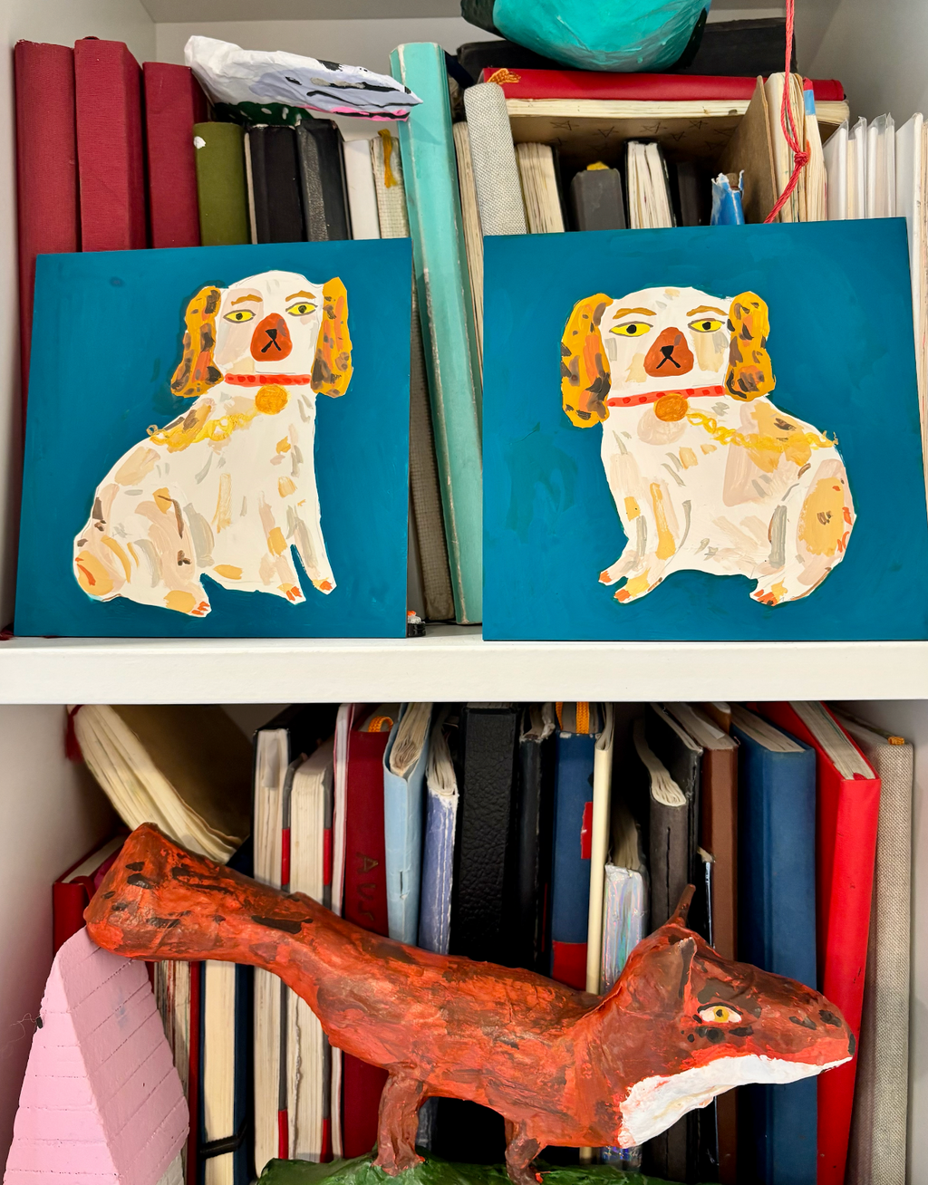 Staffordshire dog statues, turquoise and brown
