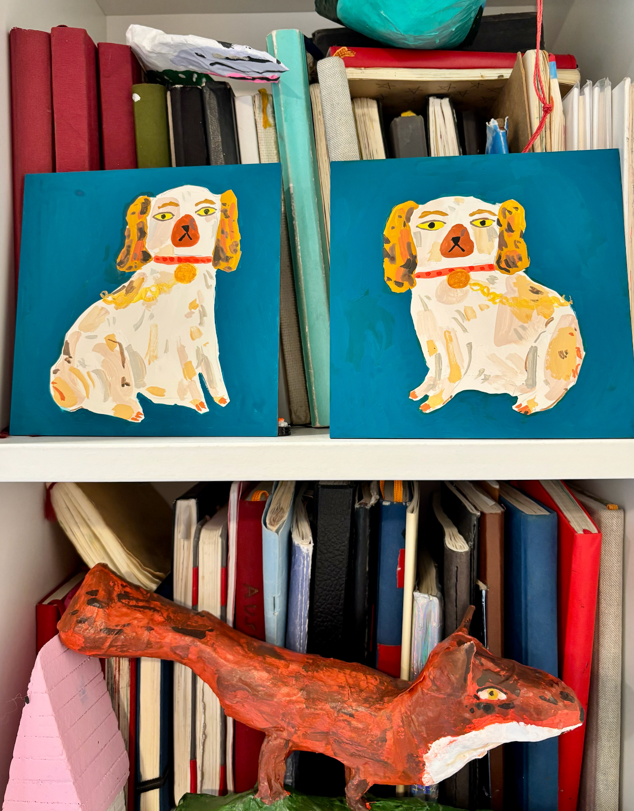Staffordshire dog statues, turquoise and brown