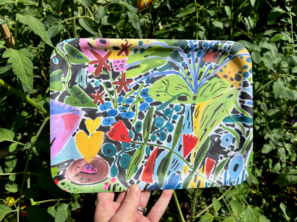 Floral illustrated wooden tray