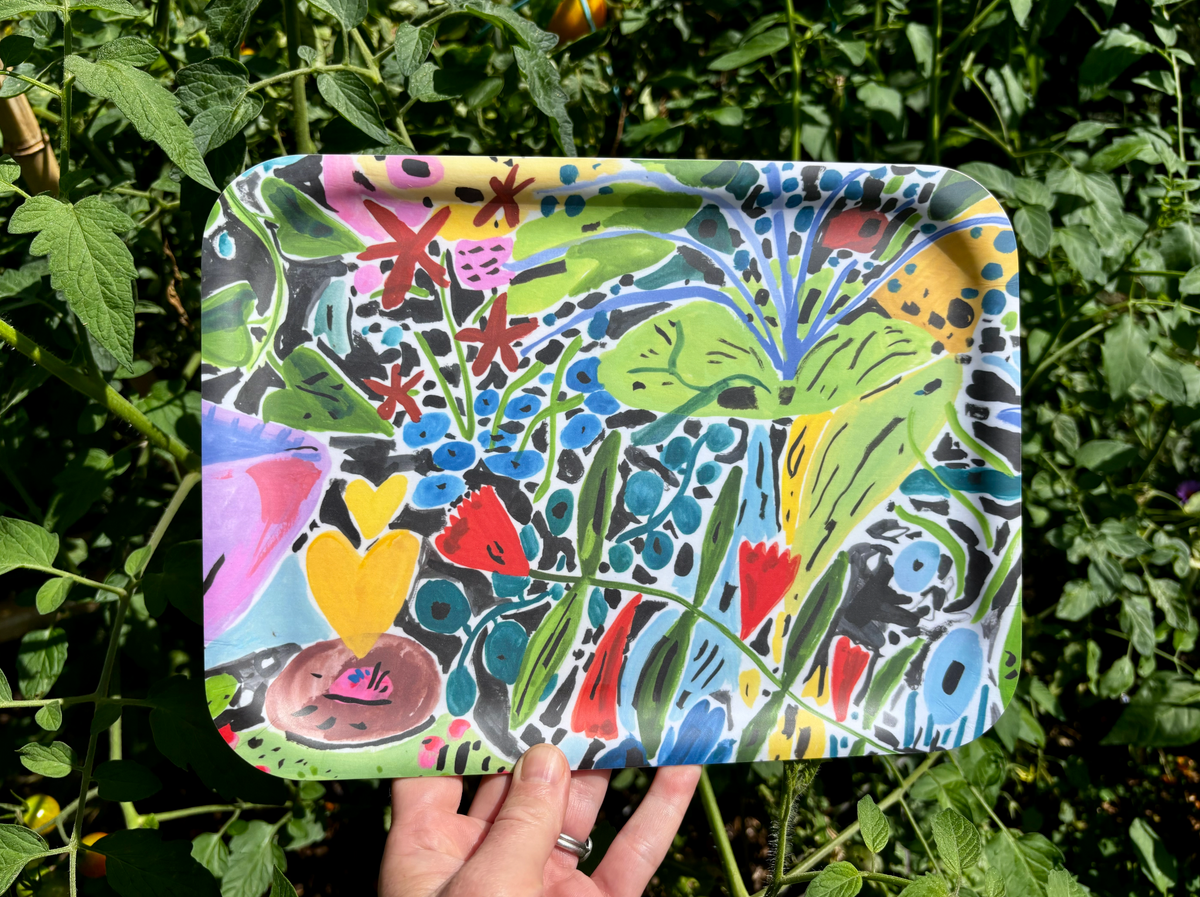 Floral illustrated wooden tray