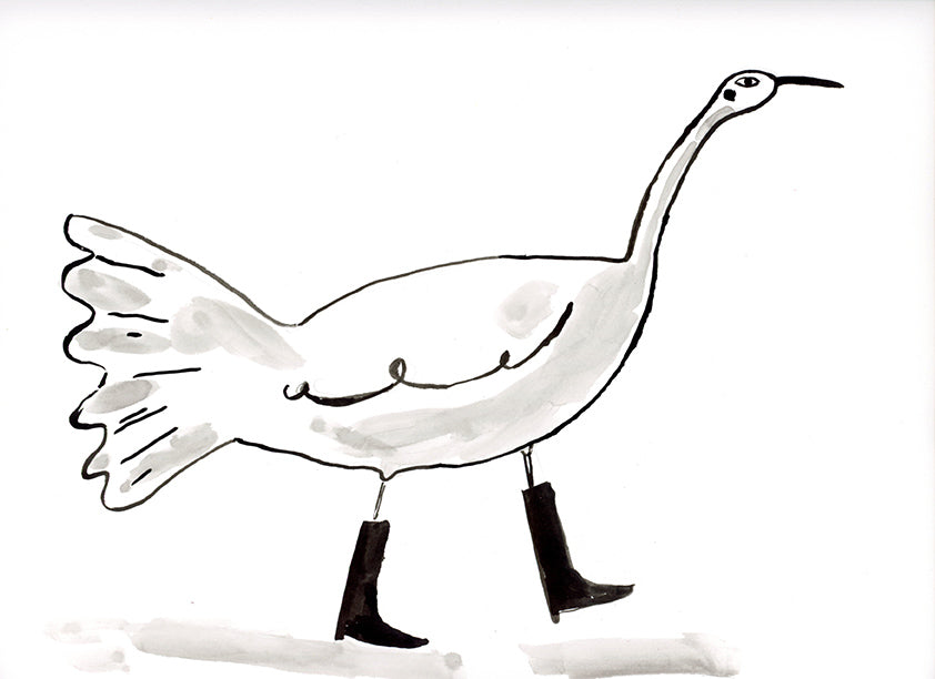 Ink black and white bird with boots, painting on paper