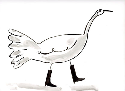 Ink black and white bird with boots, painting on paper